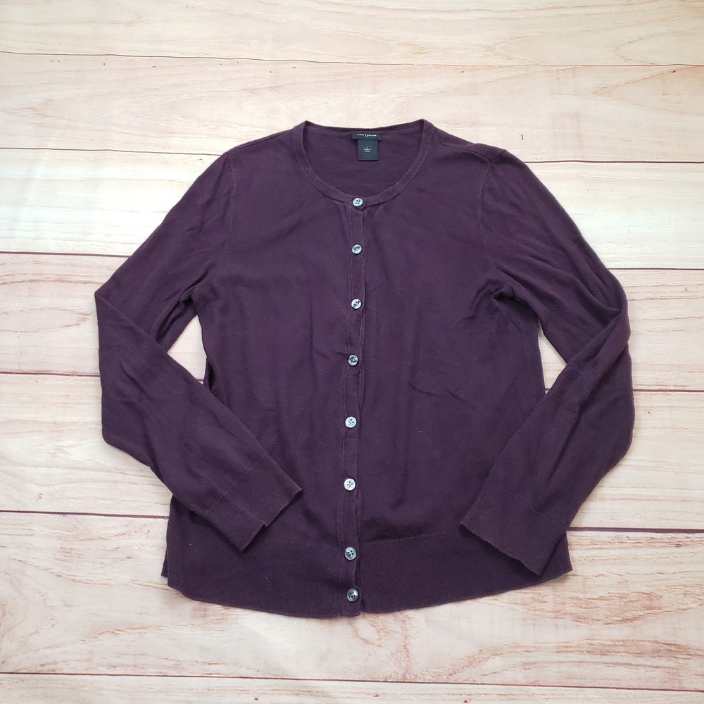 Ann Taylor Cardigan Women Large Purple Button Front Crew Neck Classic Knit